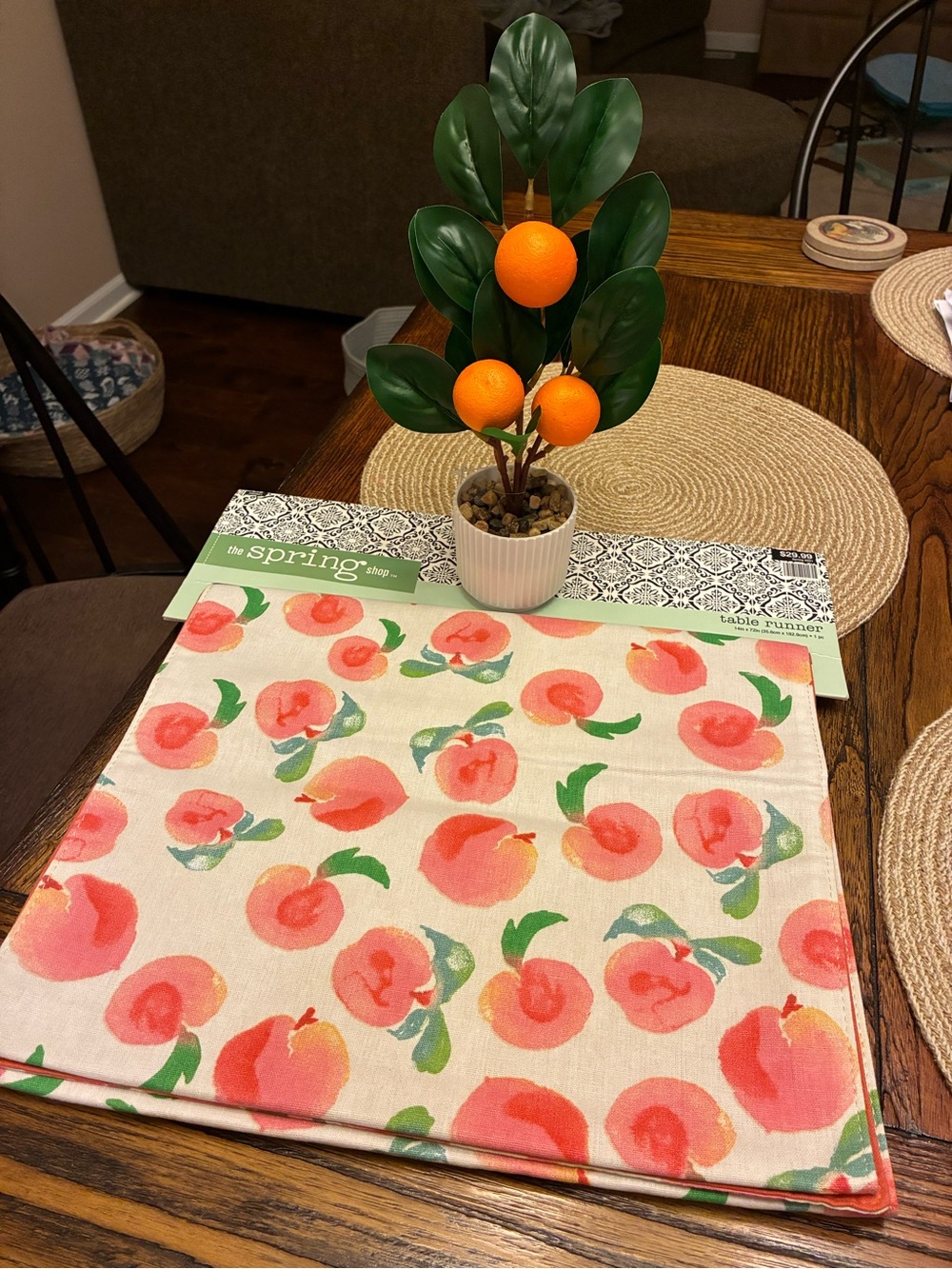 Peach Keen Floral Table Runner and Artificial Peach Tree Plant NWT!